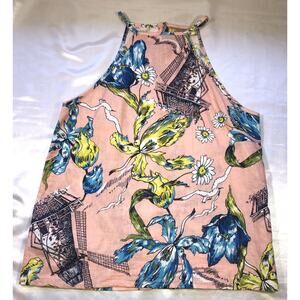 Las Pepas Top Linen Blend Spaghetti Strap Floral Seagulls Lighthouse Womens Sz 1